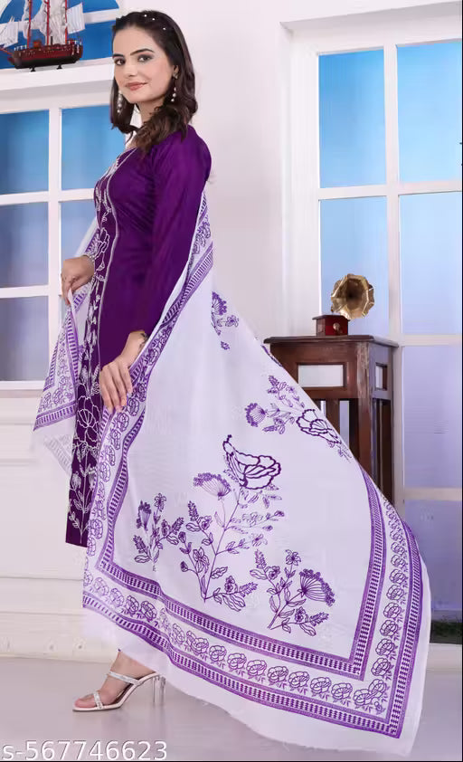 Women's Sky Blue Ethnic Printed Cotton Kurti & Dupatta – Round Neck with 3/4 Sleeves