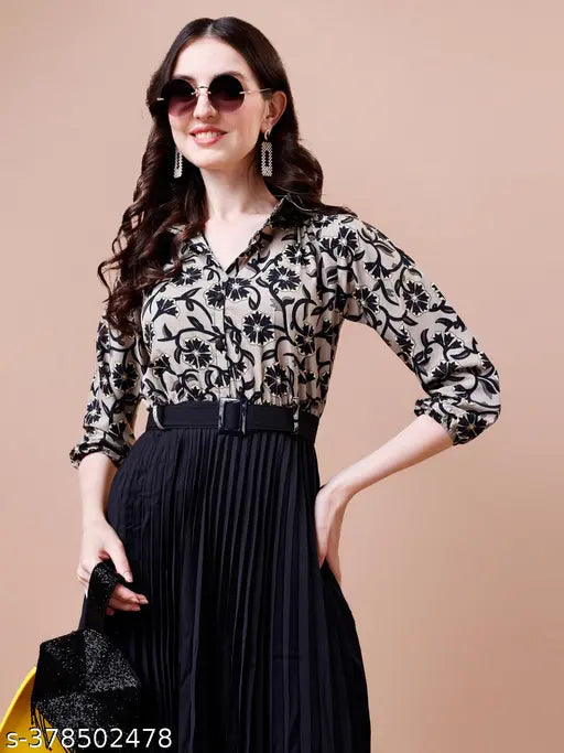 Stylish Floral Printed Shirt & Pleated Skirt Set for Women