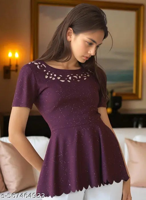 Elegant Wine Peplum Top with Laser Cut Neck Design