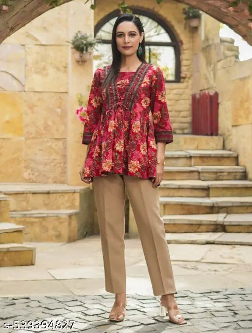 Elegant Floral Printed Tunic Top with Embroidered Detailing