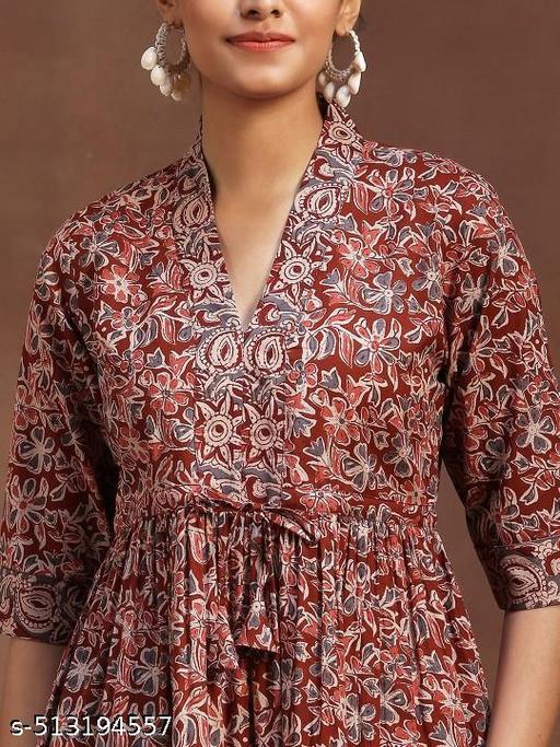 Women's Maroon Hand-Block Floral Printed Cotton Kurti Top – V-Neck Gathered Style