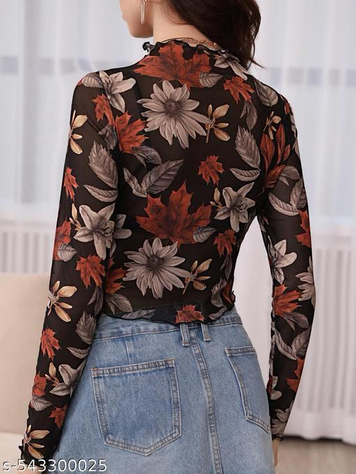 Women's Floral Mesh Sheer Full Sleeve Top – Autumn Blossom