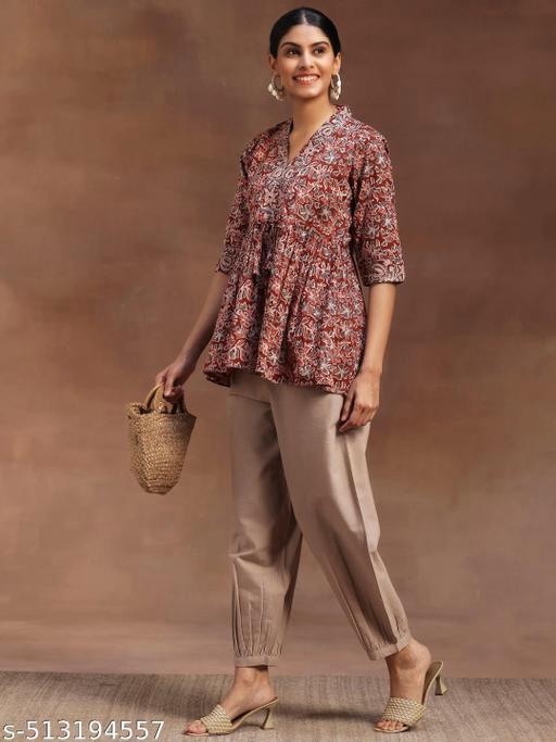 Women's Maroon Hand-Block Floral Printed Cotton Kurti Top – V-Neck Gathered Style