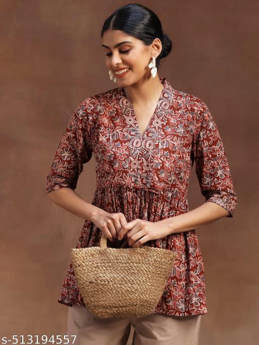 Women's Maroon Hand-Block Floral Printed Cotton Kurti Top – V-Neck Gathered Style