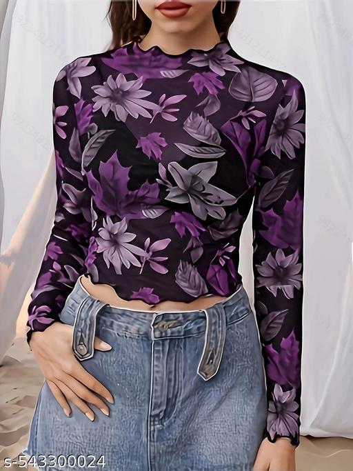 Women's Floral Mesh Sheer Full Sleeve Top – Autumn Blossom