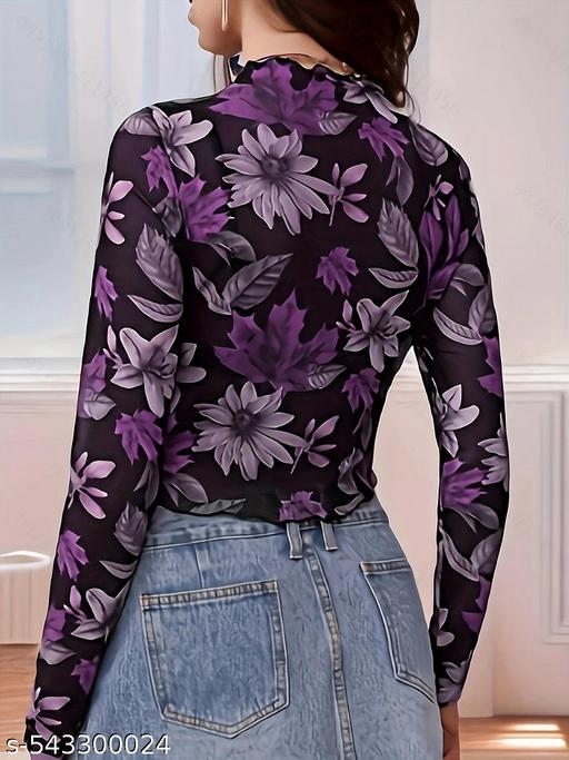 Women's Floral Mesh Sheer Full Sleeve Top – Autumn Blossom