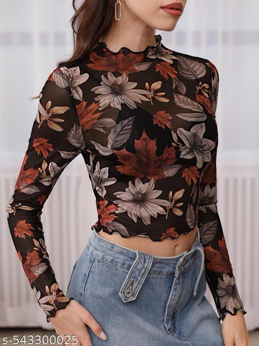 Women's Floral Mesh Sheer Full Sleeve Top – Autumn Blossom