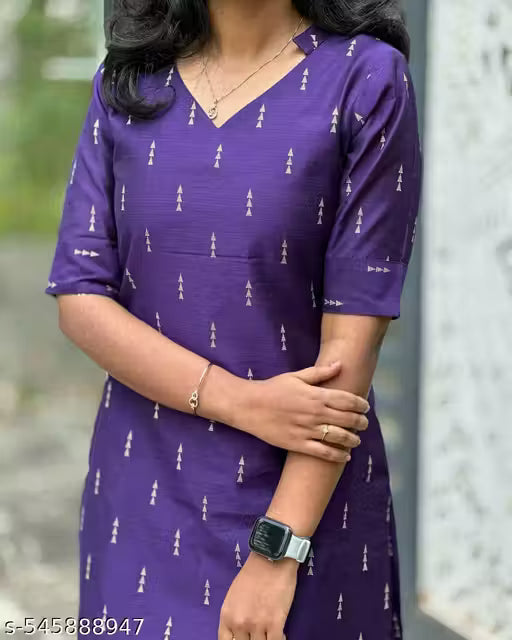 Women's Navy Blue Ethnic Printed Cotton Kurti Top – Round Neck with 3/4 Sleeves