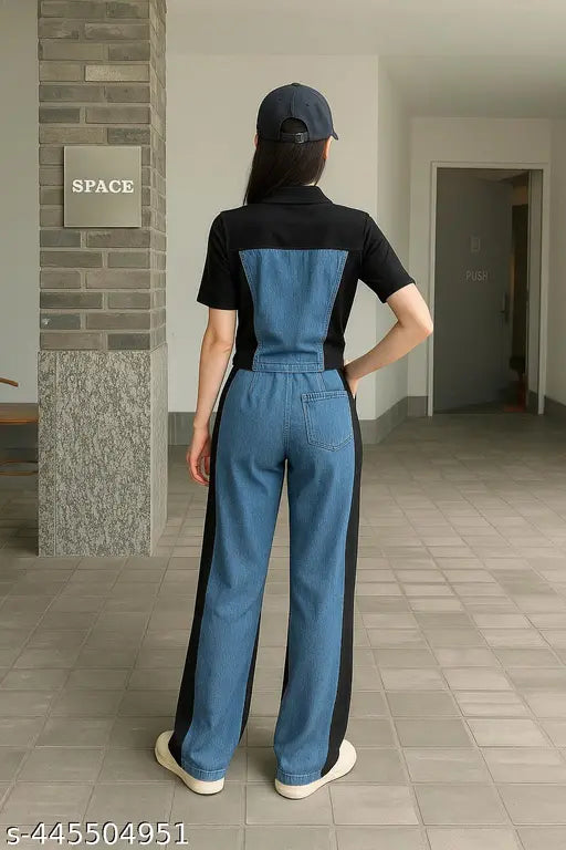 Trendy Denim & Black Colorblock Jumpsuit for Women – Street Style Casual Look