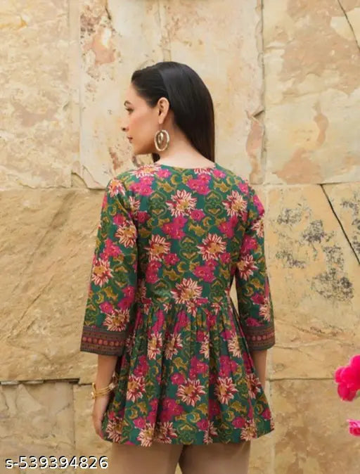Elegant Floral Printed Tunic Top with Embroidered Detailing