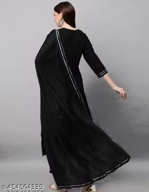 Women's Mustard black Printed Cotton Kurti with dupatta – Ethnic Chic with 3/4 Sleeves