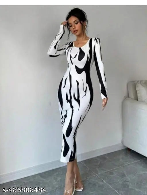 Monochrome Abstract Bodycon Midi Dress – Long Sleeve