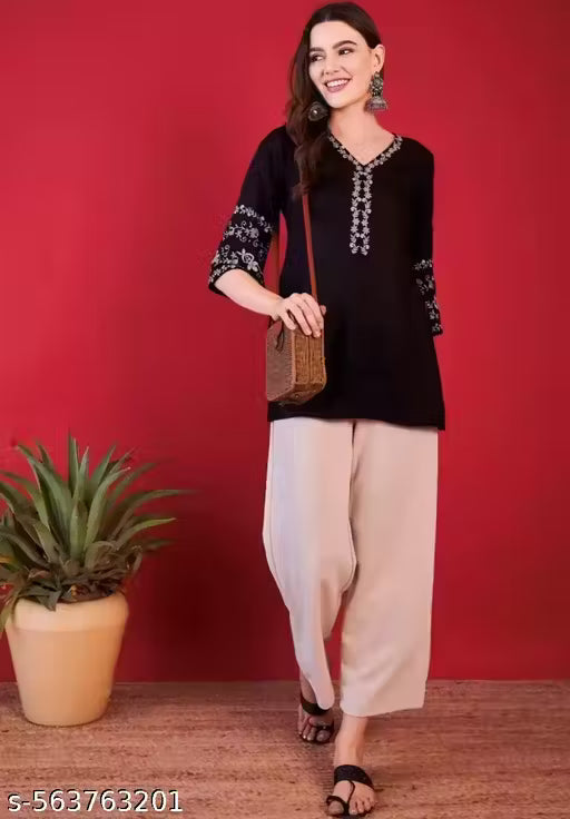 Women's Olive black Solid Cotton Tunic Top – Straight Fit with Button Detail