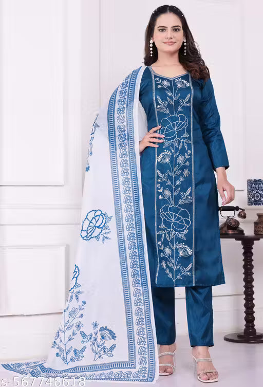 Women's Sky Blue Ethnic Printed Cotton Kurti & Dupatta – Round Neck with 3/4 Sleeves