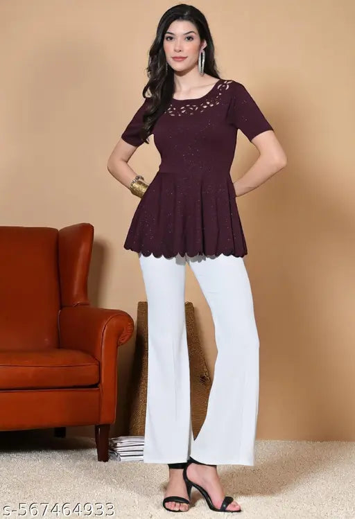 Elegant Wine Peplum Top with Laser Cut Neck Design