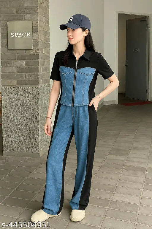 Trendy Denim & Black Colorblock Jumpsuit for Women – Street Style Casual Look