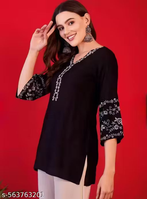 Women's Olive black Solid Cotton Tunic Top – Straight Fit with Button Detail