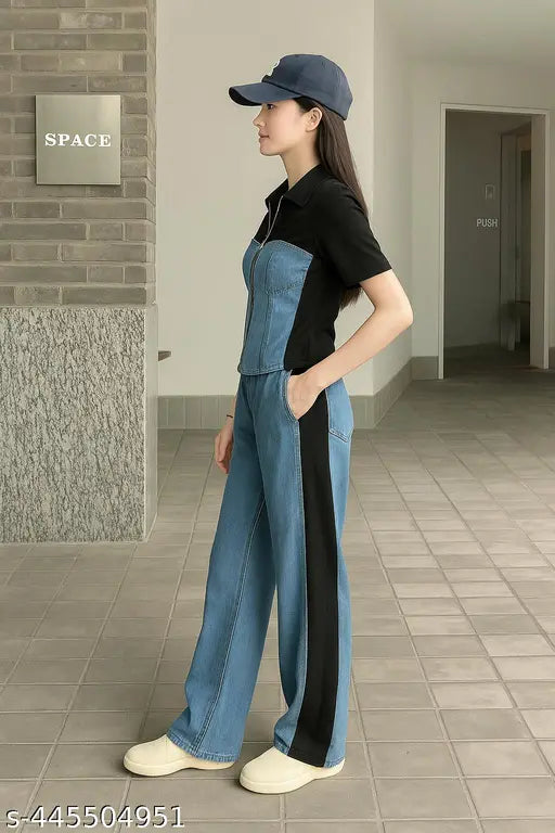 Trendy Denim & Black Colorblock Jumpsuit for Women – Street Style Casual Look