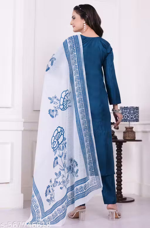 Women's Sky Blue Ethnic Printed Cotton Kurti & Dupatta – Round Neck with 3/4 Sleeves