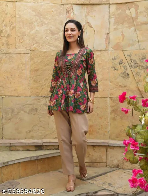 Elegant Floral Printed Tunic Top with Embroidered Detailing