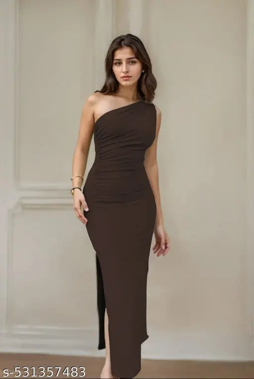 Elegant One-Shoulder Ruched Bodycon Dress – Coffee Brown