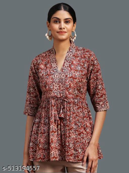 Women's Maroon Hand-Block Floral Printed Cotton Kurti Top – V-Neck Gathered Style