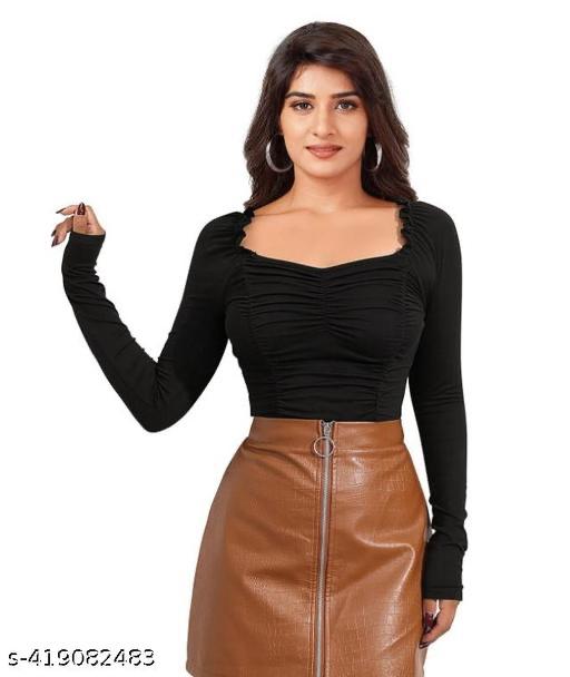 Women's Black Ruched Sweetheart Neck Full Sleeve Top – Elegant Fit