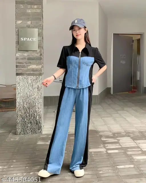 Trendy Denim & Black Colorblock Jumpsuit for Women – Street Style Casual Look