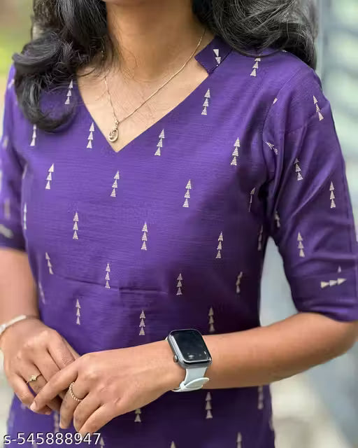Women's Navy Blue Ethnic Printed Cotton Kurti Top – Round Neck with 3/4 Sleeves