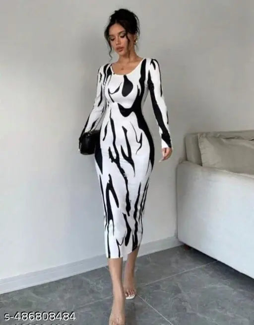 Monochrome Abstract Bodycon Midi Dress – Long Sleeve