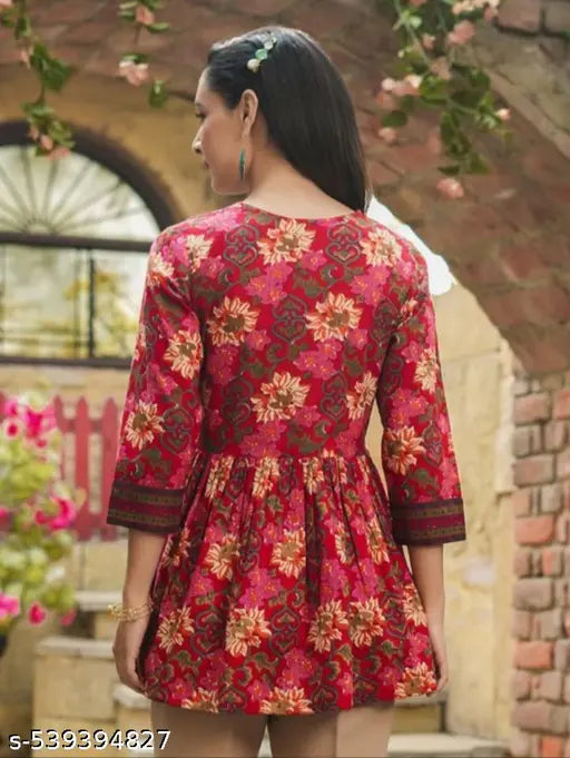 Elegant Floral Printed Tunic Top with Embroidered Detailing
