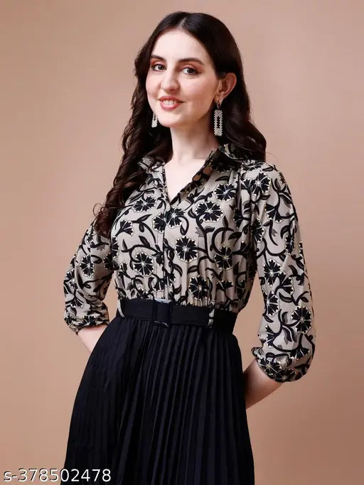 Stylish Floral Printed Shirt & Pleated Skirt Set for Women