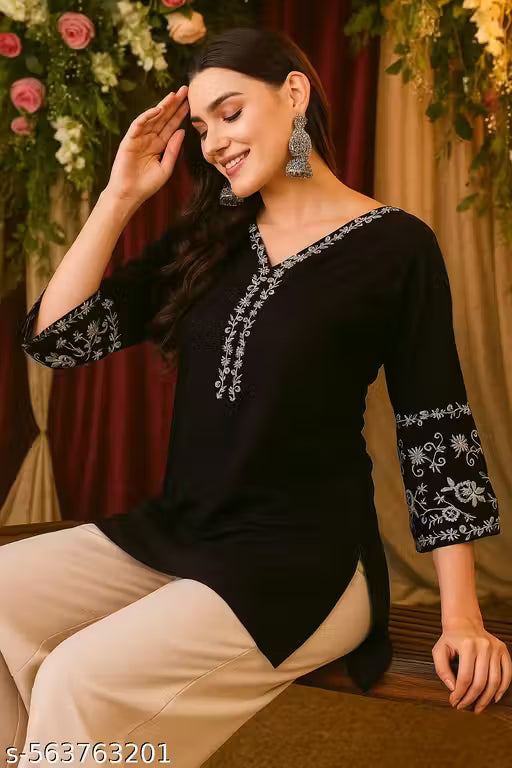 Women's Olive black Solid Cotton Tunic Top – Straight Fit with Button Detail