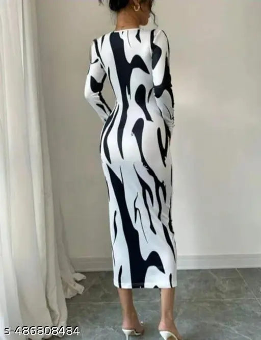 Monochrome Abstract Bodycon Midi Dress – Long Sleeve