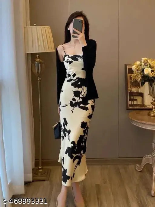 Elegant Floral Print Bodycon Slip Dress with Shrug – Black & White
