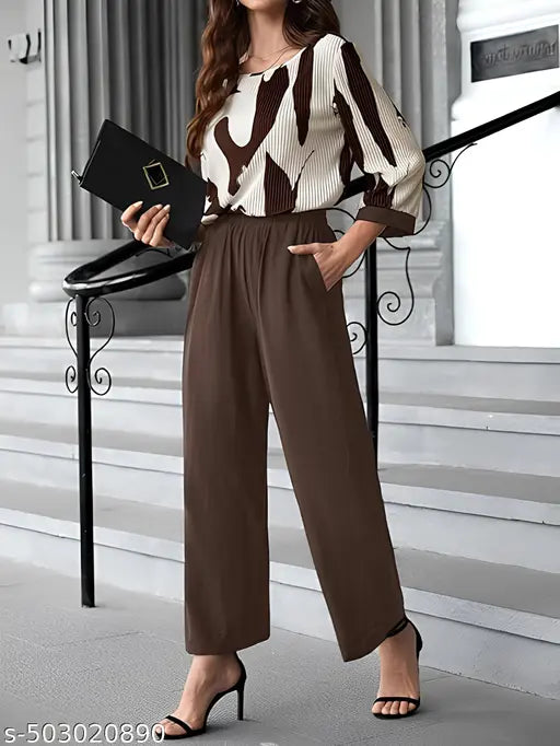 Women's Elegant Brown & White Printed Co-Ord Set