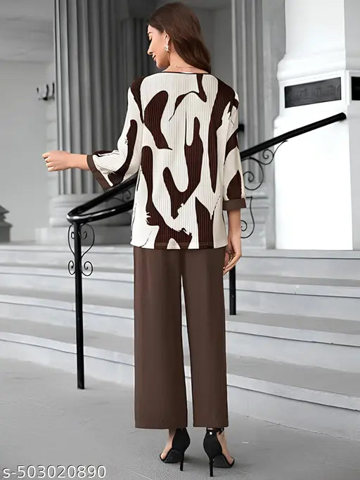 Women's Elegant Brown & White Printed Co-Ord Set