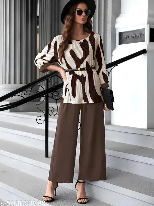 Women's Elegant Brown & White Printed Co-Ord Set